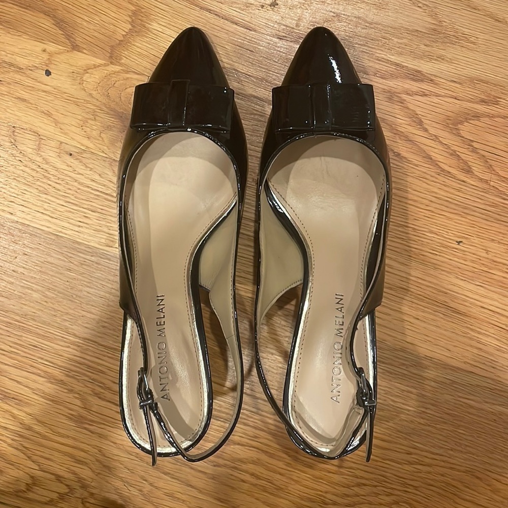 Antonio Melani, black patent shoes in size 7.